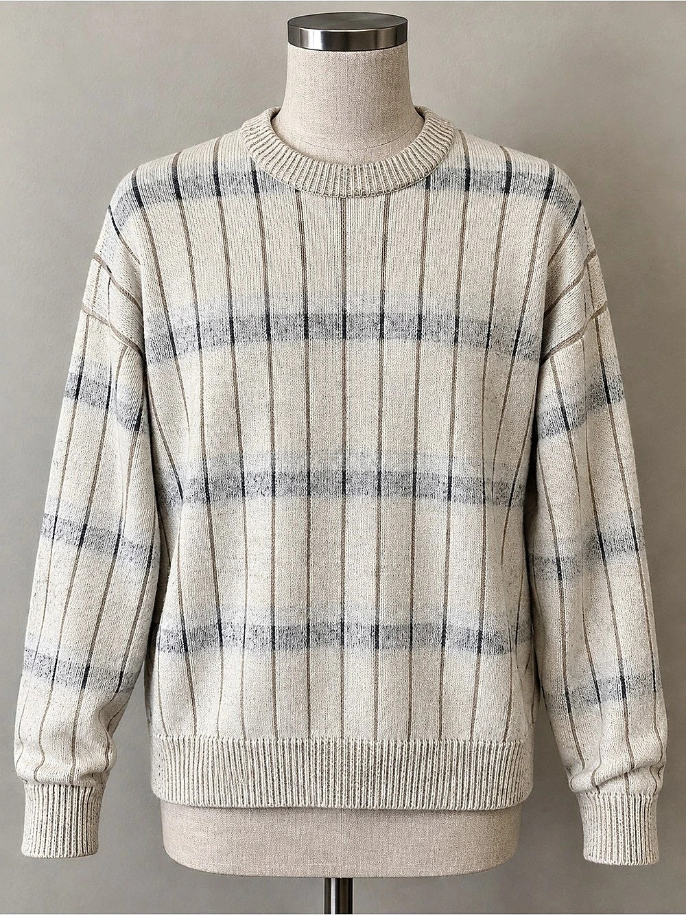 Plaid Crewneck Sweater in Cream & Gray Like New